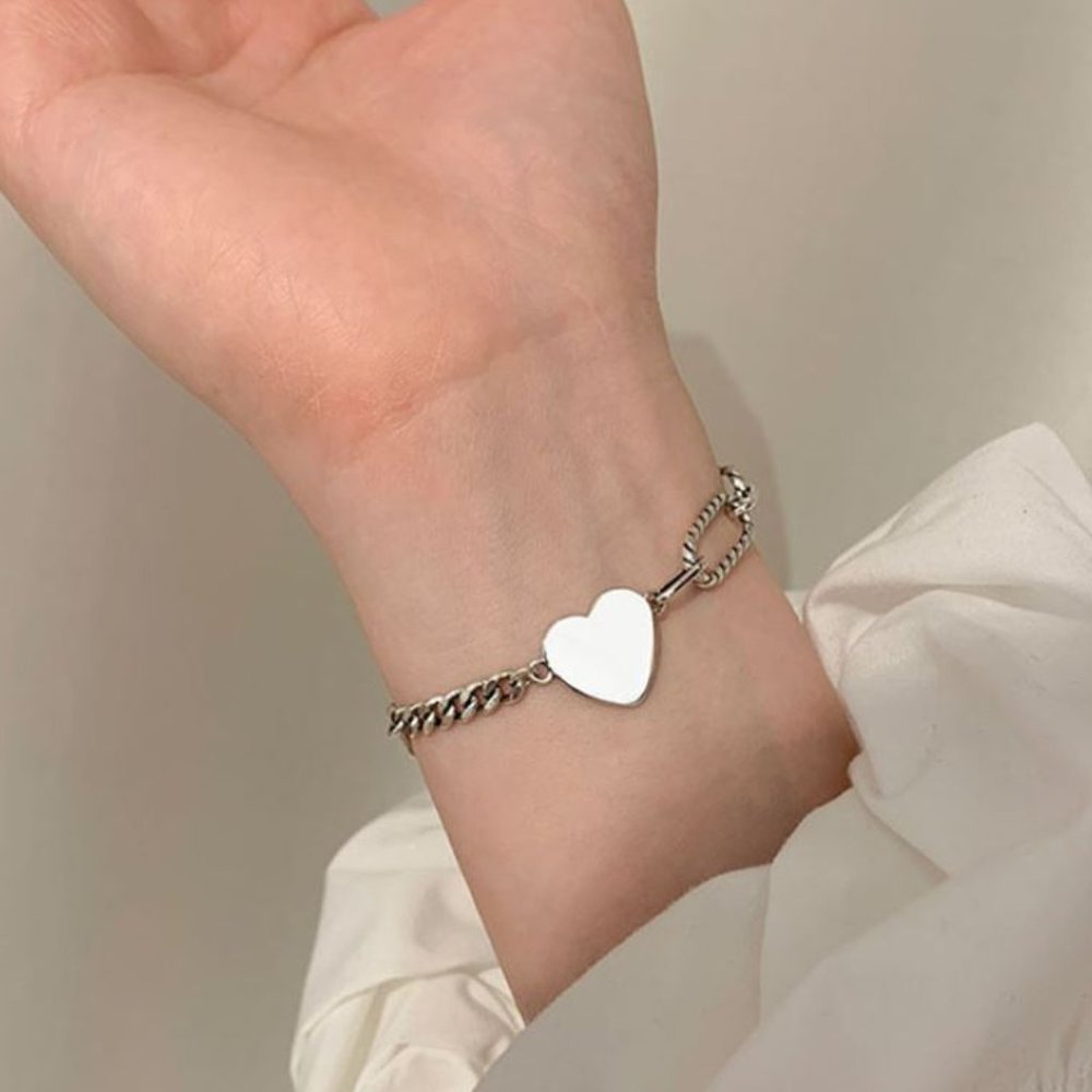 925 Sterling Silver Heart Link Bracelet Minimalist Dainty Silver Bracelet - Picture 5 of 7